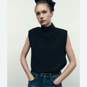ZARA Black Sleeveless Mock neck Top with padded shoulder pads